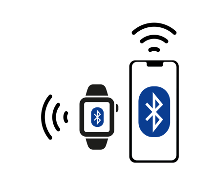 A smart watch and mobile phone next to each other with waves coming out of them to demonstrate the bluetooth and wi-fi signals which come out of mobile devices