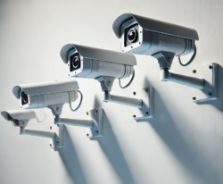 Several CCTV cameras mounted on a wall pointing in different directions.
